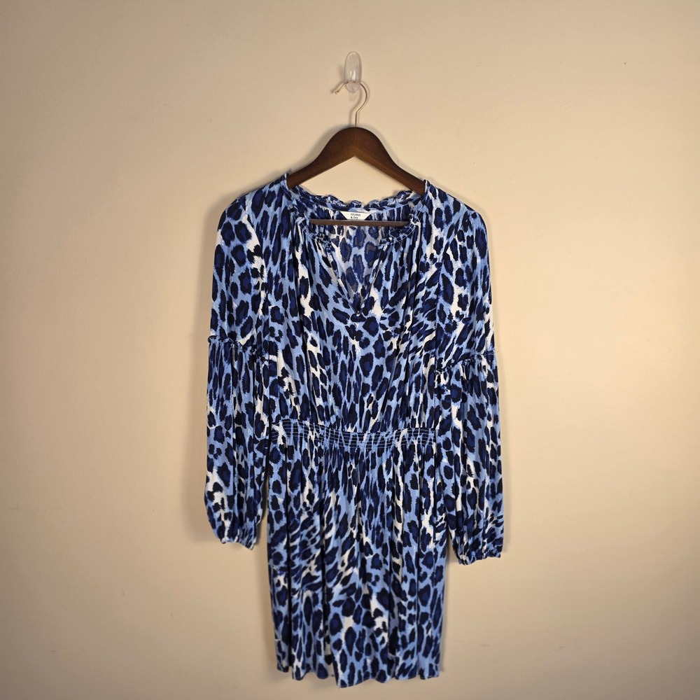 Crown & Ivy Dress Womens Small Blue Leopard Print Long Balloon Sleeve Mini Boho - Picture 2 of 12